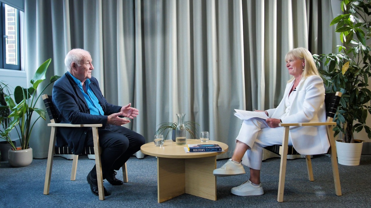 British event host Gaby Huddart interviews chef Rick Stein)